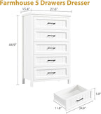 5 Drawer Dresser for Bedroom - Farmhouse 44.9" Tall Chest of Dresser with Large Storage, Rubst Wood Construction for Living Room, Hallway & Entryway - White