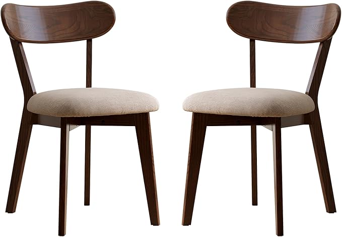 100% Solid Oak Dining Chairs, Mid Century Modern Dining Chair with Curved Backrest, Fabric Upholstered Dining Chairs for Kitchen, Study, Living Room (2, Walnut Wood-Gray Cushion)