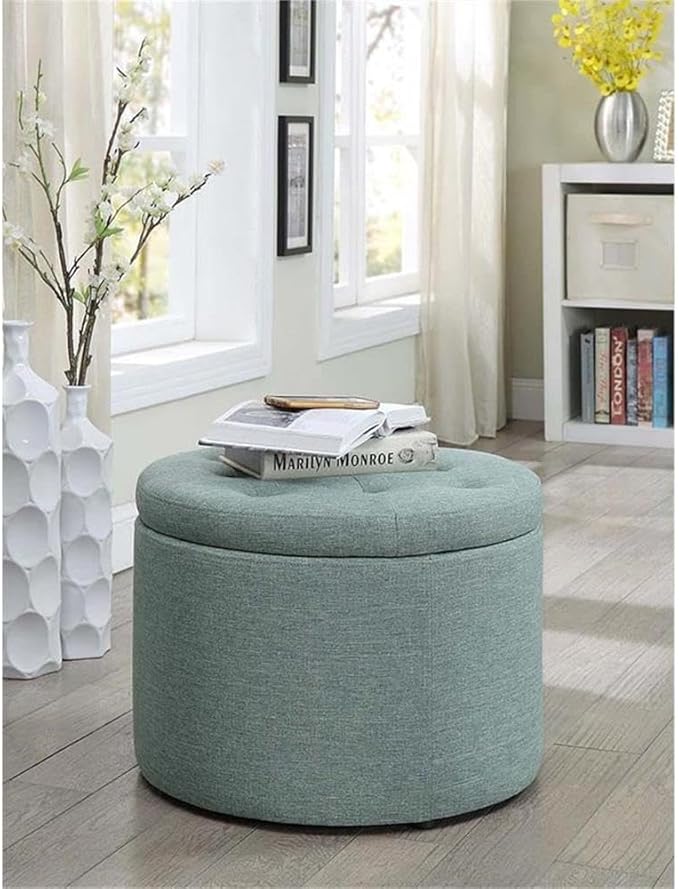 Convenience Concepts Designs4Comfort Round Shoe Ottoman, Green Faux Linen