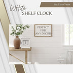 Tasse Verre White Clock for Shelf Table Or Desk 9"x7" - Farmhouse Decor Wood Mechanical Quiet Silent - Office, Bedroom Fireplace Mantel Living Family Room. AA Battery Operated Non-Digital