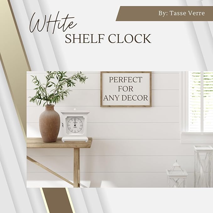 Tasse Verre White Clock for Shelf Table Or Desk 9"x7" - Farmhouse Decor Wood Mechanical Quiet Silent - Office, Bedroom Fireplace Mantel Living Family Room. AA Battery Operated Non-Digital