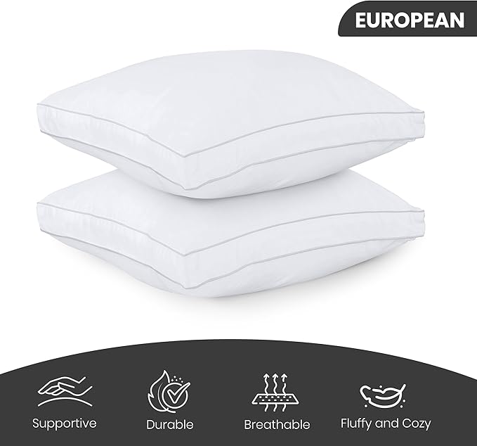 Utopia Bedding Bed Pillows for Sleeping European Size (White), Set of 2, Soft & Fluffy Pillow with Down Alternative Filling, Cooling, Hotel Quality, Gusseted Pillow for Back, Stomach or Side Sleepers