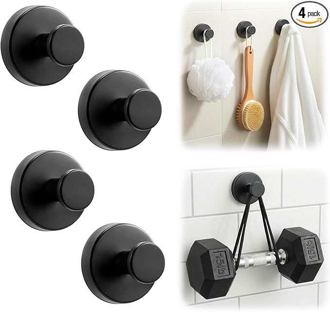 Upgraded Suction Cup Hooks for Shower, Heavy Duty Removable Towel Hooks for Bathroom Glass Door Wall, Stainless Steel Shower Hooks for Towel & Loofah (4 Pack, Black)