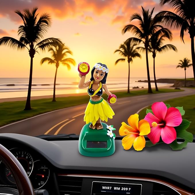 Solar Powered Hula Girl Dancing Figures Decoration, Swinging Hawaiian Girl Doll Car Dashboard Ornaments for Car Interior Home Party Decor Learning Portable