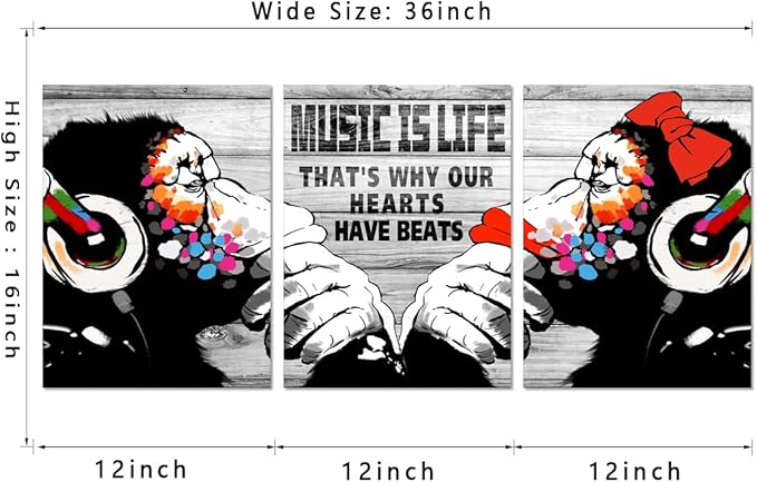 Novatique Banksy Canvas Wall Art Street Wall Art Music is Life Monkey Graffiti Pictures Print Graffiti Art Wall Decor for Living Room Bedroom Bathroom, 12" x 16" x 3Pcs