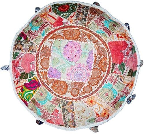 Aakriti Gallery Indian Pouf Footstool Ethnic Embroidered Pouf Cover, Indian Cotton Round Pouffe Ottoman Pouf Cover Pillow Ethnic Decor Art - Cover Only (White, 18x13)