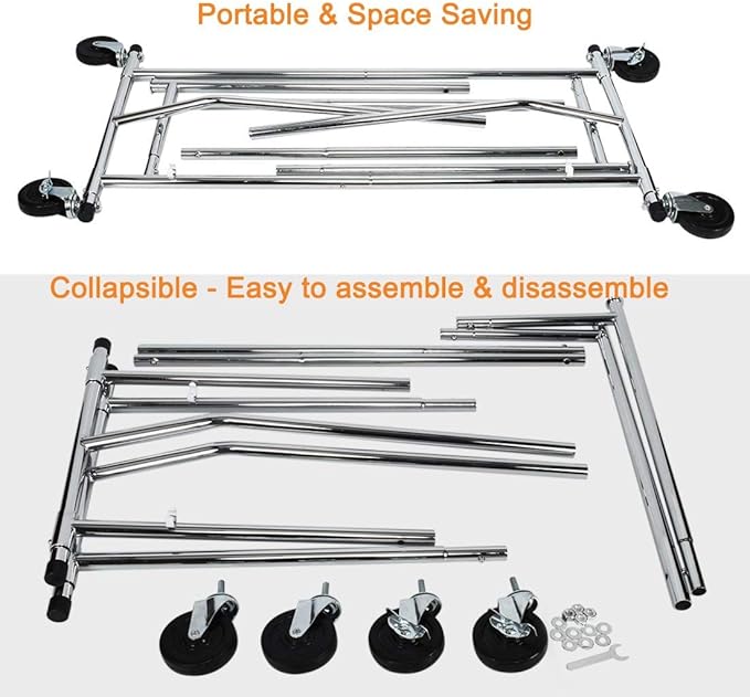 HOKEEPER Clothes Rack with Lockable Wheels Height Adjustable Clothing Rack Clothing Rack 300LBS Commercial Grade Portable Closet for Bedroom, Living Room, Laundry, Balcony, Silver
