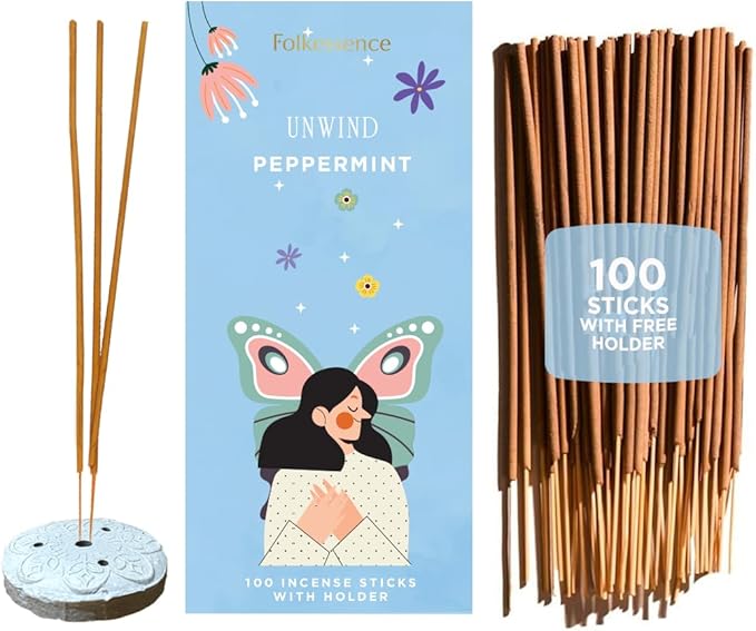 Folkulture Unwind Incense Sticks with Holder (100 Sticks) | Peppermint Incents Stick for Focus,Aromatherapy, Relaxation Gifts for Women | No Charcoal,Organic,Non Toxic, 45 Mins, Slow Burning Insence