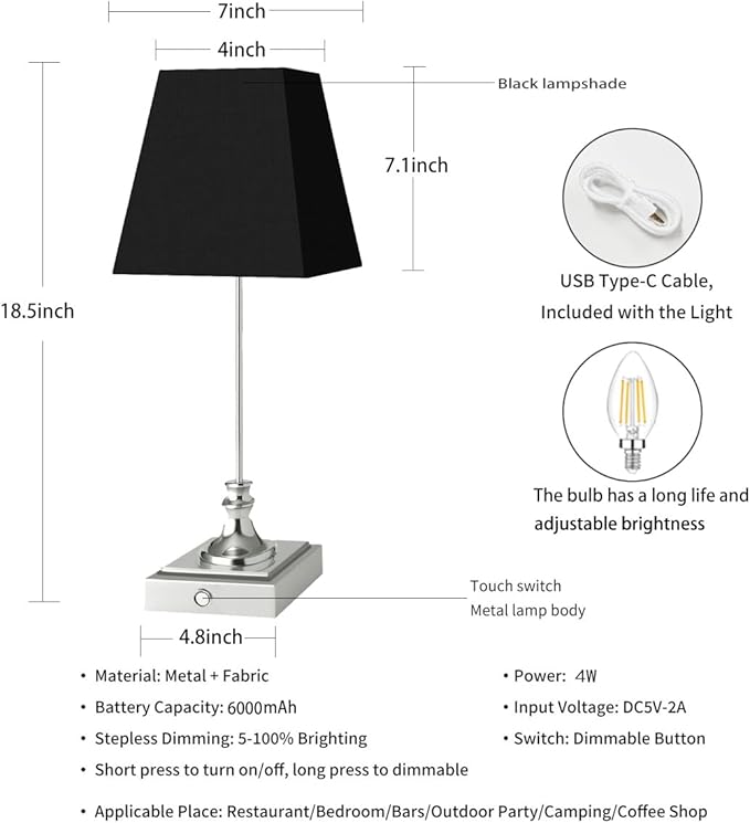 Rechargeable LED Table Lamps with Stepless Touch Control,Light Sliver Cordless Lamp for Living Room&Bedside&Patio&Shower,Small Desk Lamp(6000mAH Battery),1 Pack for Home Decor,Best Gifts for Family
