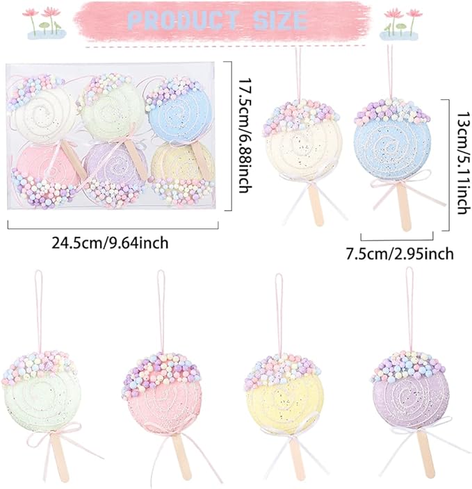 Colorful Macaron Lollipop Party Decorations - 6 Candy Gift Hanging Ornaments for Christmas, New Year, Easter, and Birthday Celebrations