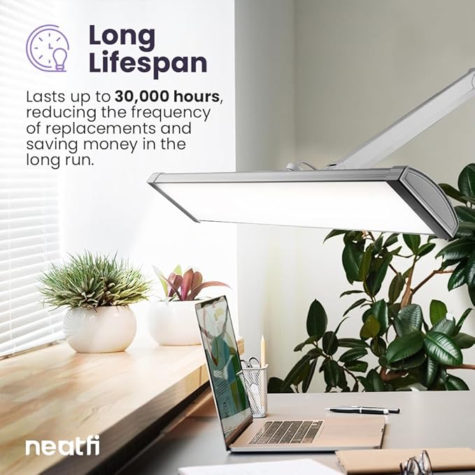 Neatfi Ultra Desk Lamp – 3,500 Lumens, 45W LED, 26-Inch Wide Shade, 5 Brightness Levels, Clamp Mount, Shadow-Free, Non-Flickering Light (Non-CCT with Clamp, Silver)