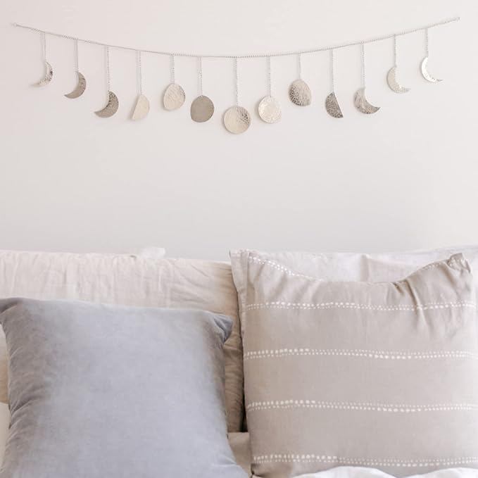 BASE ROOTS Moon Phase Wall Decor, Silver Wall Art for Bedroom, Bohemian and Astrology, Witchy Aesthetic 36" 13 Phases Metal Moon Wall Garland, Celestial Decoration, Gift for Women & Kids