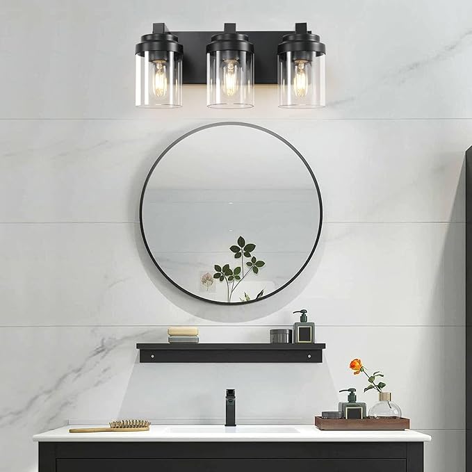 3 Light Bathroom Vanity Light, Matte Black Bathroom Light Fixtures with Clear Glass Shade, Vanity Light Fixtures Over Mirror for Bedroom Living Room,E26