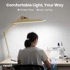 Neatfi XL Nail Desk Lamp with Clamp, 2200 Lumens, 20-Inch Wide Head, Dimmable 4 Levels, 3 Color Modes 3000K–6000K, LED Task Light for Manicure Table, Crafts, Workbench, Office (CCT, Gold)
