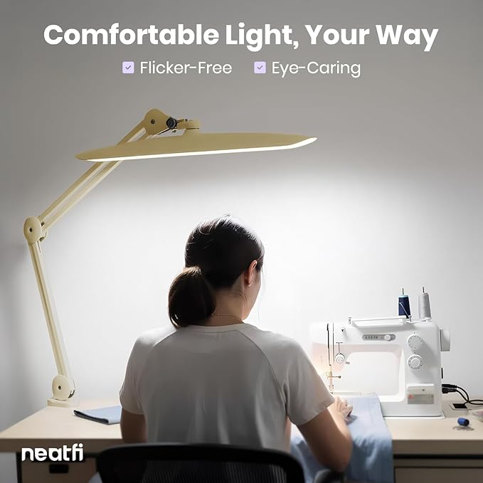 Neatfi XL Nail Desk Lamp with Clamp, 2200 Lumens, 20-Inch Wide Head, Dimmable 4 Levels, 3 Color Modes 3000K–6000K, LED Task Light for Manicure Table, Crafts, Workbench, Office (CCT, Gold)