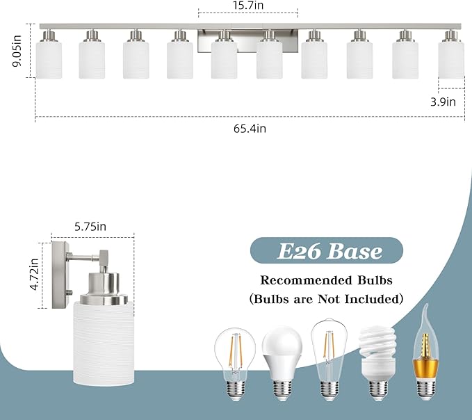 10-Light Bathroom Vanity Light Brushed Nickel,64.5in Vanity Lights with White Frosted Glass,Modern Bathroom Wall Lights Fixtures Over Mirror,Wall Sconces Lighting for Bedroom Living Room,E26