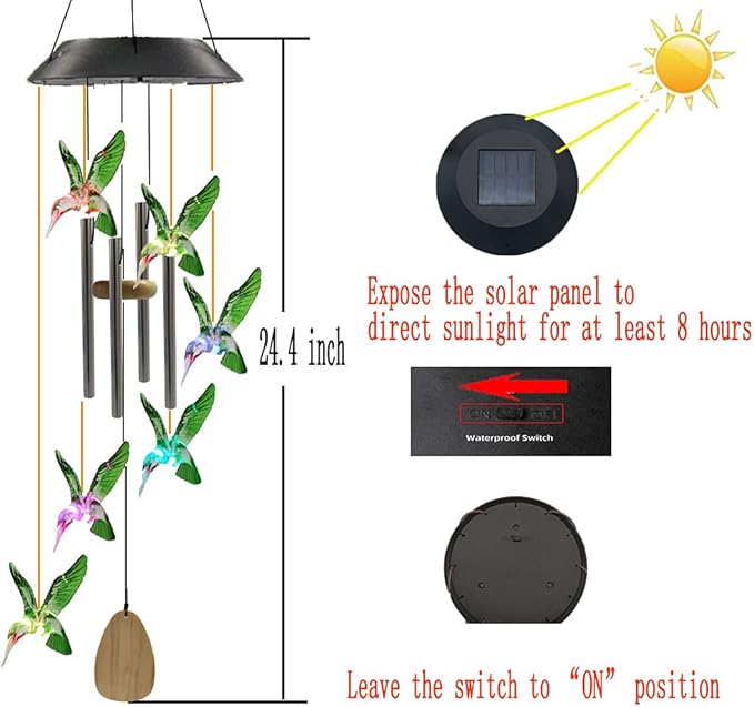 Birthday Gifts for Women Mom Grandma, Hummingbird Wind Chimes with 4 Aluminum Tube Solar Wind Chimes for Outside Solar Lights Outdoor Garden Patio Yard Decor
