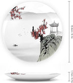 Ceramic Plates, Asian Decor Decorative Ceramic Plates, River Scenery with Cherry Blossoms and Boat Mystical, 10 Inch, Household Plates Decorative, Grey Red