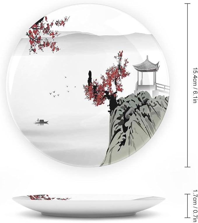 Ceramic Plates, Asian Decor Decorative Ceramic Plates, River Scenery with Cherry Blossoms and Boat Mystical, 6 Inch, for Dining, Parties, Wedding, Grey Red