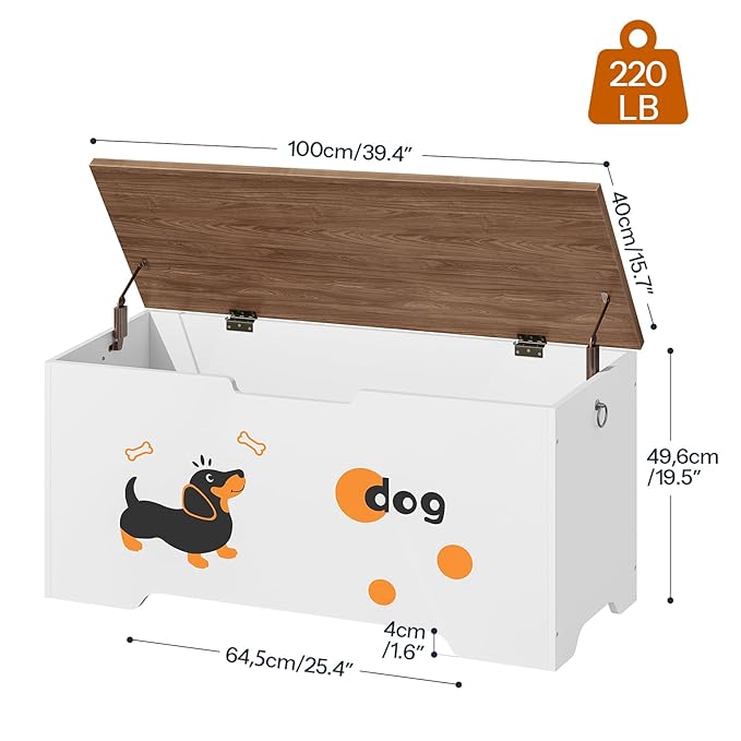 HOOBRO Toy Box, Toy Chest with 2 Safety Hinges, 39.4" Storage Bench, Wooden Storage Chest, for Entryway, Bedroom, Living Room, White and Walnut WH494CW01