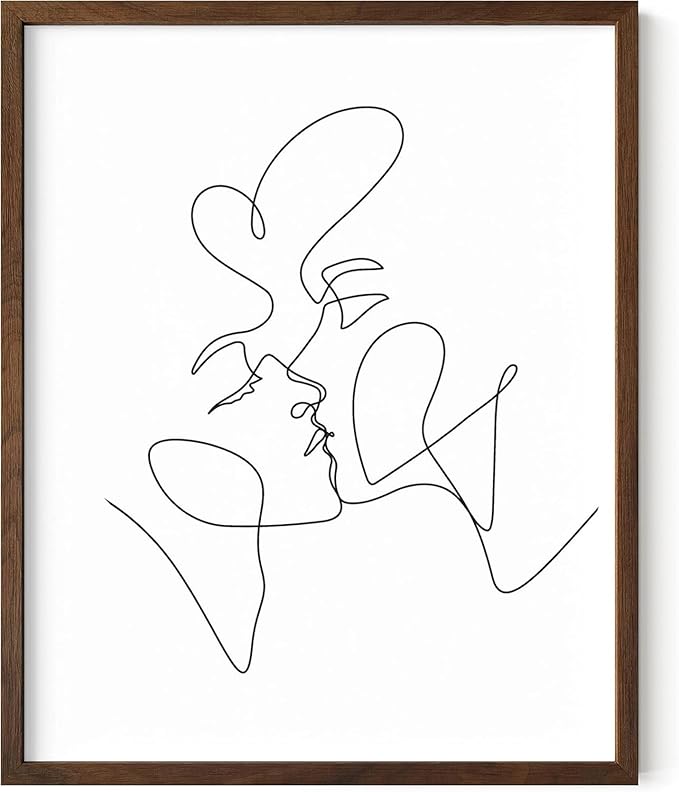 Minimalist Couple Art Wall Art Print Couple Kiss Abstract Line Drawing, Gallery Quality 16"x20" Walnut Framed, Abstract Love Aesthetic Decor Bedroom Living Room