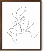 Minimalist Couple Art Wall Art Print Couple Kiss Abstract Line Drawing, Gallery Quality 16"x20" Walnut Framed, Abstract Love Aesthetic Decor Bedroom Living Room