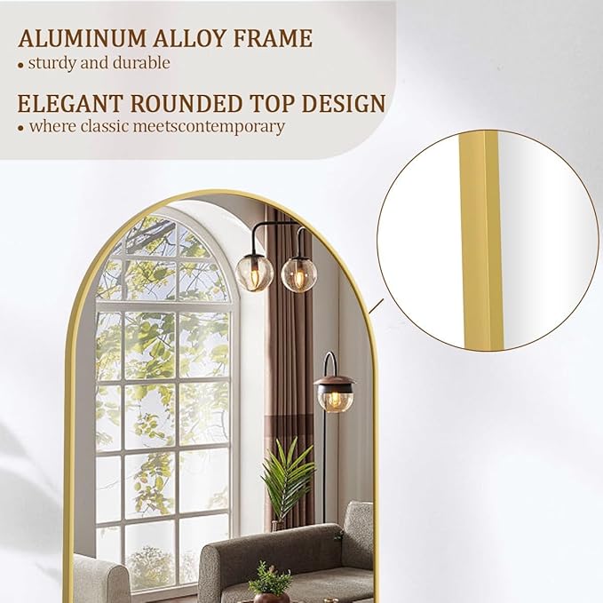 Koonmi 21"x56" Arched Full Length Mirror, Gold Large Floor Mirror with Aluminum Alloy Frame, Standing Hanging or Leaning Wall-Mounted Full Body Mirror for Living Room and Bedroom