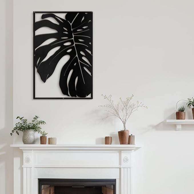 SIGNLEADER Metal Wall Art Decor Monstera Leaf Minimalist Modern Abstract Wall Sculpture Hangings Home Decoration for Living Room, Bedroom, Bathroom, Kitchen, Outdoor - 24" Black