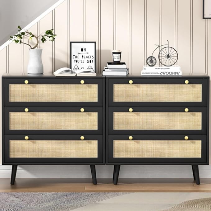 Anmytek Black Dresser for Bedroom with 3 Drawers, Modern Wood 3 Drawer Dresser, Black Chest of Drawer with Spacious Storage Rattan Dresser for Bedroom Living Room H0075
