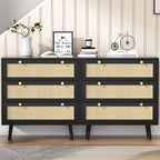 Anmytek Black Dresser for Bedroom with 3 Drawers, Modern Wood 3 Drawer Dresser, Black Chest of Drawer with Spacious Storage Rattan Dresser for Bedroom Living Room H0075