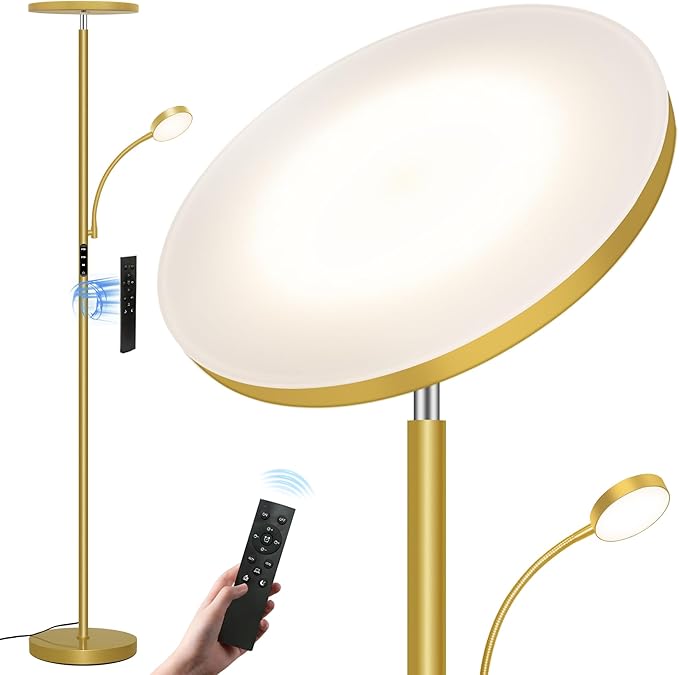 Gold Floor Lamps for Living Room,42W/4200LM Super Bright Floor Lamp with Reading Light,69'' Tall Standing Lamp with Remote & Touch Control, Modern Torchiere Floor Lamp for Bedroom,Office