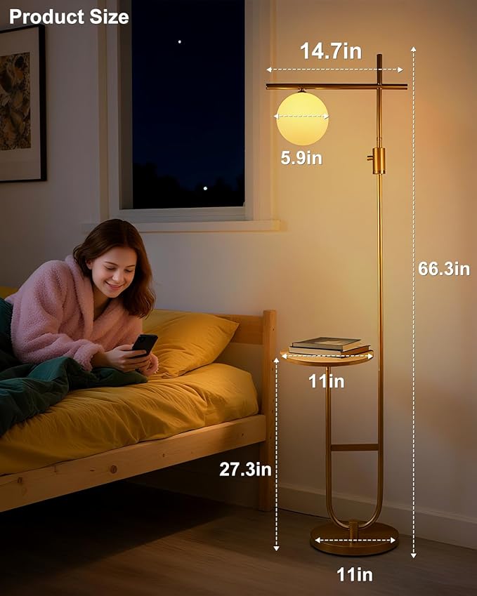 Lightdot 66IN Gold Dimmable Floor Lamps with Table, Modern Standing Tall Lamp with Globe Lampshade, Cross-Shaped Lamp Head U-Pole Base for Living Room/Bedroom/Sofa Beside/Corner Decor(Bulb Included)