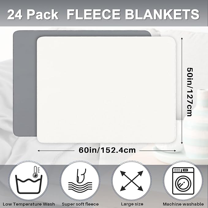 Newwiee 24 Pcs Fleece Throw Blankets Bulk 50'' x 60'' Oeko-tex Standard 100 Certified Spring Outdoor Wedding Guest Blankets Lightweight for Sleepover Donation Lap Pet Sofa Home (White/Gray)