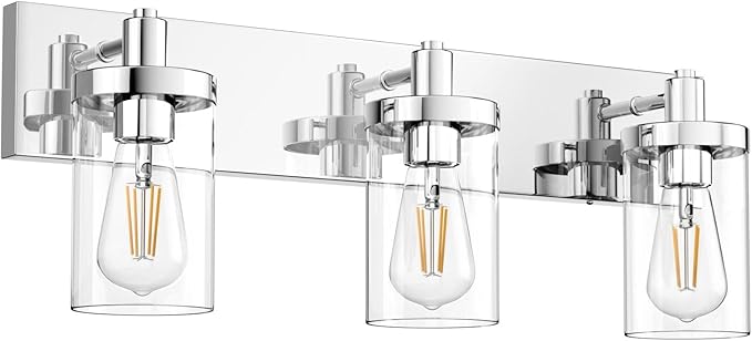 Aipsun Chrome Vanity Light for Bathroom 3 Light Farmhouse Bathroom Lights Fixtures Over Mirror with Clear Glass Shade(Exclude Bulb)