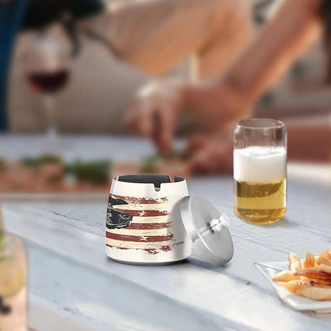 Cowboy Dog Vintage American Flag Ashtray with Lid, Outdoor Ashtrays for Patio, Stainless Steel Ashtray Odorless Smokeless for Home Office Balcony