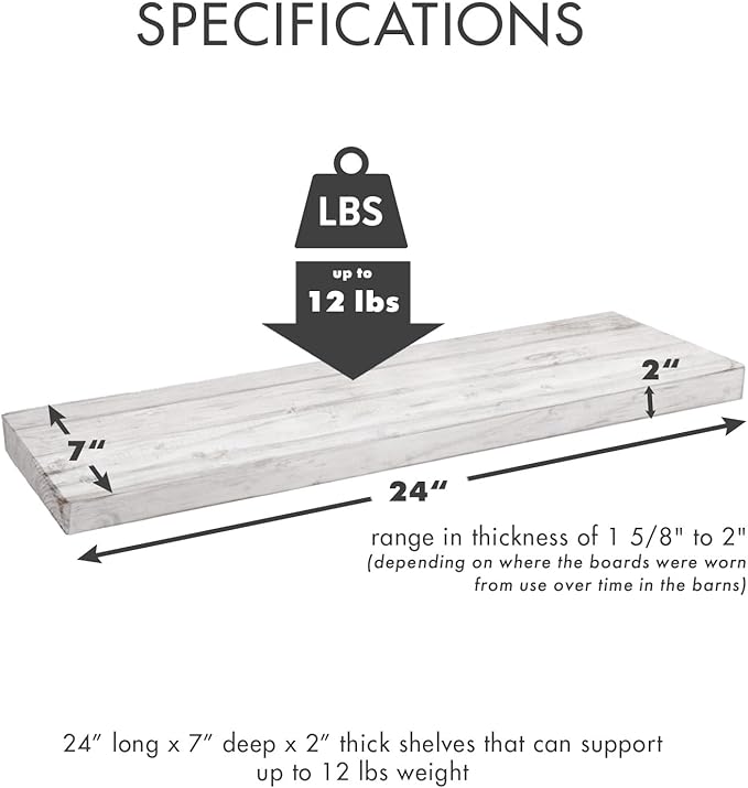 Urban Legacy Reclaimed Barnwood Planks | Floating Shelves for Wall w/Flush Mount Shelf Bracket Set Included | Set of 2 (White Wash, 24" x 7 "x 2")