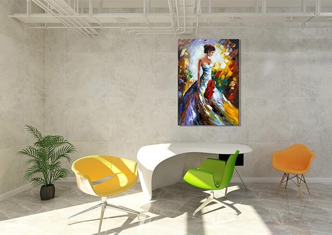 zoinart Hand Painted Modern 3D Oil Paintings on Canvas Wall Art 28x40 Inches Fiddler Girl Abstract Vertical Wall Art Large Framed Artwork for Home Decorations Wall Decor