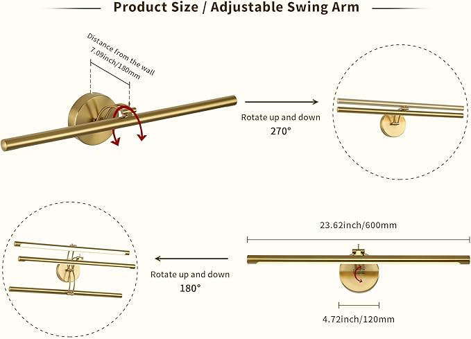 Picture Light Dimmable Hard Wired 23.62 Inch Adjustable Swing Arm Brass Wall Lights for Pictures Led Display Light for Artwork 14W Warm White