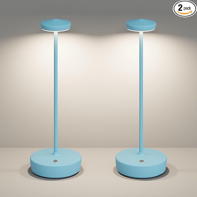 Cordless LED Table Lamp,Rechargeable 5000mAh Battery - Touch Control 3-Level Brightness, Portable Metal IP54 Waterproof for Patio, Restaurant, Cafe(2P Blue)