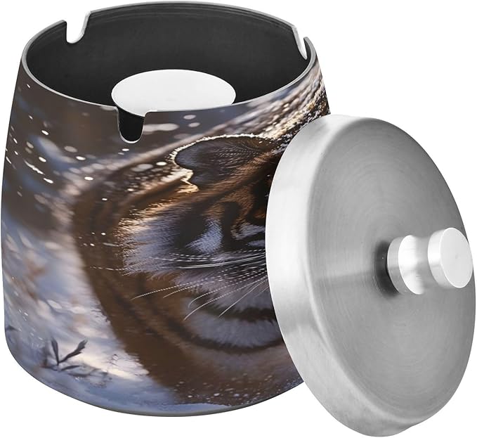 Tiger Snow Ashtray with Lid, Outdoor Ashtrays for Patio, Stainless Steel Ashtray Odorless Smokeless for Home Office Balcony