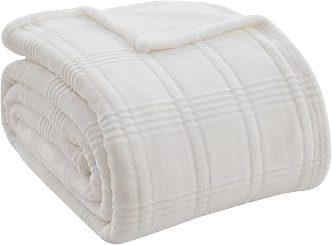 Oversized King Fleece Blanket 120x120 Inches, Seamless Soft Cozy 3D Jacquard Flannel Blanket 10'x10' Extra Large for Bed, Sofa, Couch, Travel & Camping, California King Throw, Ivory White