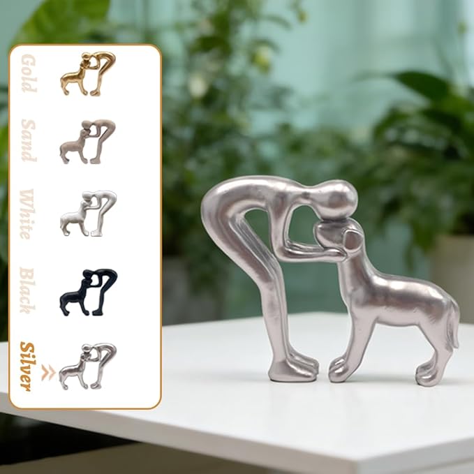 Human and Dog Statue Decoration, Cute Pet Sculpture Home Decor Tabletop Ornament Figurines Office Living Room Bedroom Home, for Dog Lovers Friends Family Decoration, Silver Color