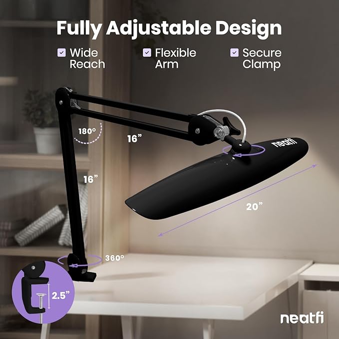 Neatfi XL Nail Desk Lamp with Clamp, 2200 Lumens, 20-Inch Wide Head, Dimmable 4 Levels, 3 Color Modes 3000K–6000K, LED Task Light for Manicure Table, Crafts, Workbench, Office (CCT, Black)