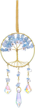 CrystalTears Aquamarine Crystal Tree Life Hanging Ornament for Wall Window Home Room Decor, Feng Shui Healing Crystals Gemstone Glass Suncatcher Car Ornament, Crystal Gifts for Women Christmas