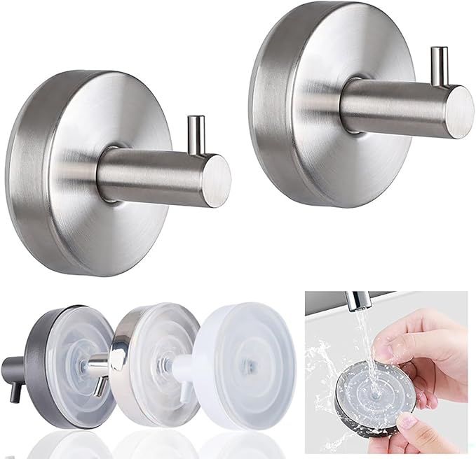 Suction Cup Hooks for Wreaths,2025 New No Drill Suction Cup Hooks for Shower Hanging Towels,Removable Reusable Stainless Steel Towel Hooks for Bathroom Wall,Kitchen,Robes (2pcs Silver)