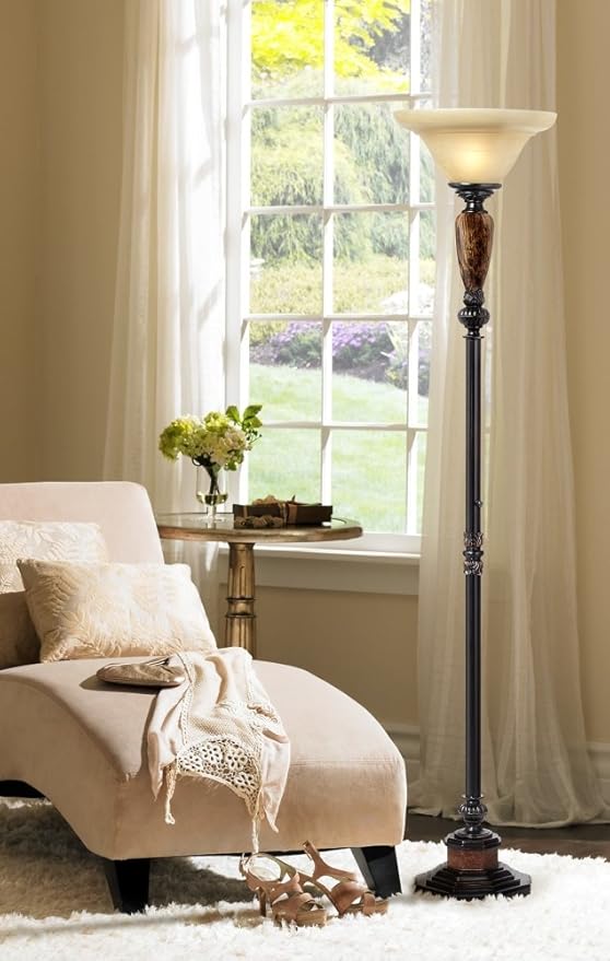 Kathy Ireland Sonnett Industrial Vintage Torchiere Floor Lamp Standing 72" Tall Bronze Brown Faux Marble Alabaster Glass Shade Decor for Living Room Reading House Bedroom Home Office