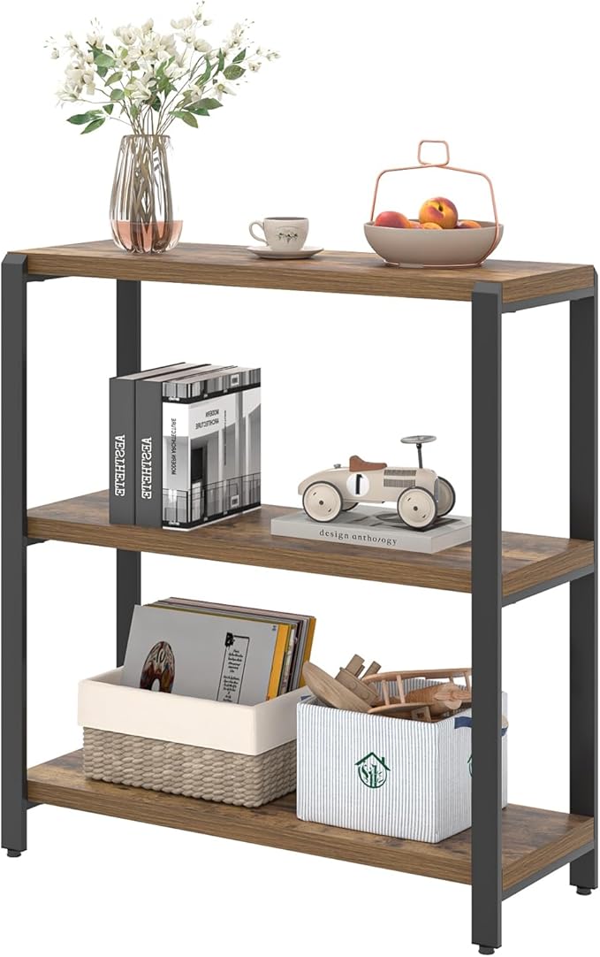 EXCEFUR Small Bookshelf, 3 Tier Short Low Book Shelf, Modern Metal and Wood Standing Etagere Bookcase for Home Office Living Room Bedroom, Rustic Brown