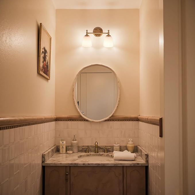 Bathroom Light Fixtures, 2-Light Brass Vanity Light with Milk Glass Shade Vintage Above Mirror Lamp Wall-Mounted Wall Sconce for Bedroom, Living Room, Hallway, Stairway, Sink (Bulb not Included)