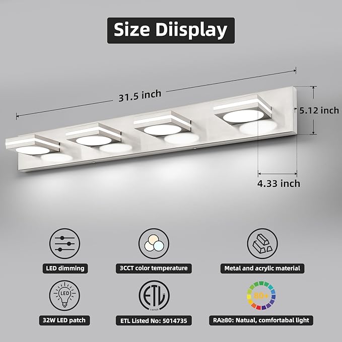 OKELI LED Modern Bathroom Vanity Light Fixtures (4-Light, 30-Inch), Brushed Nickel Acrylic Bathroom Wall Lighting Fixtures Over Mirror, 3CCT, ETL Listed, Dimmable