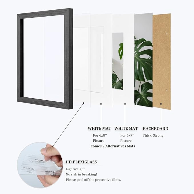 Egofine 9x12 Picture Frames Set of 4, Made of Solid Wood Covered by Plexiglass 5x7 and 6x8 with Mat or 9x12 without Mat, for Table Top Display and Wall Mounting Photo Frame Rustic Black